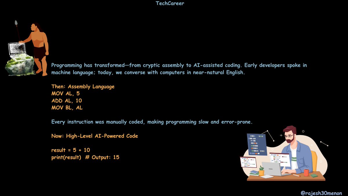 rajesh30menon's tweet image. The Evolution of Programming – From Assembly to AI #evolutionofprogramming #crypticassembly #aiassistedcoding #aipoweredcode #coding #conversationalcoding #vibecoding #nocode #lowcode #technospirituality #rajesh30menon #techcareer #Thursday #thursdayvibes #ThursdayThoughts