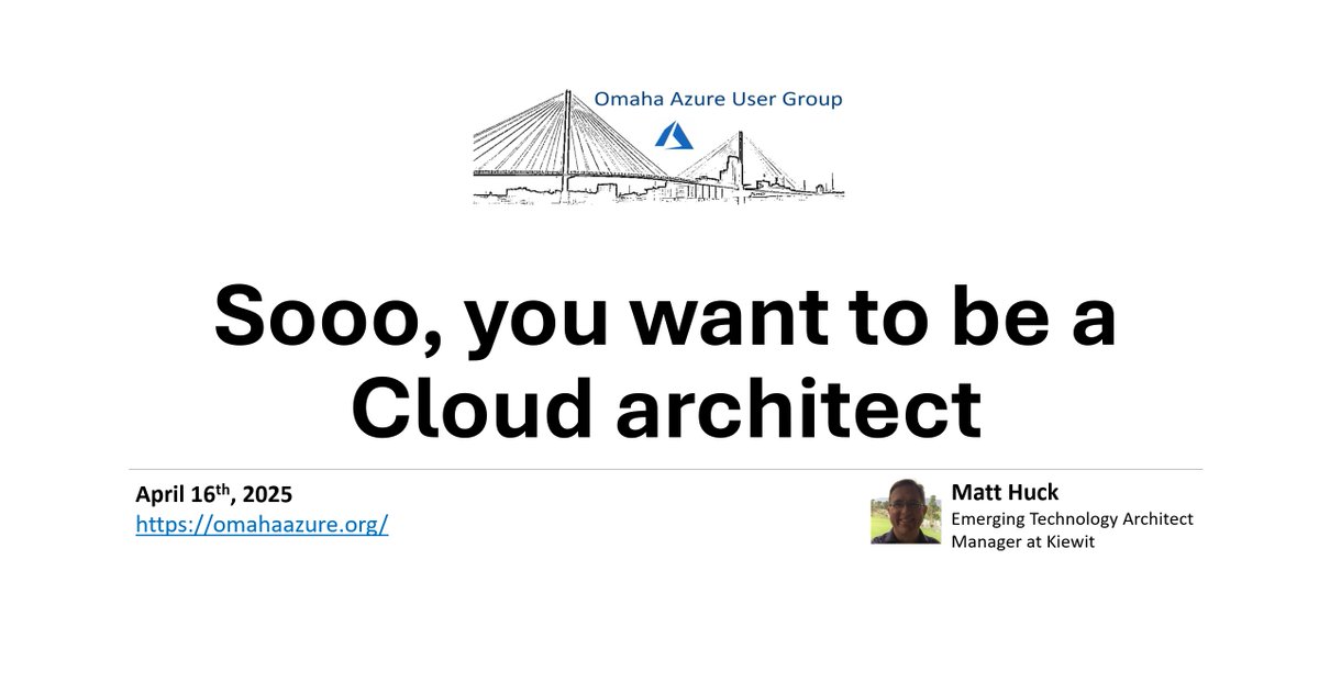 Curious about the daily life of an Azure Cloud Architect? 🤔 Join us on Wednesday, April 16, at 6 PM CT as Matthew Huck breaks it down! Learn about essential roles, responsibilities, and activities. Sponsored by Kiewit, with food &amp; drinks. RSVP today - omahaazure.org/omaha-azure-us…