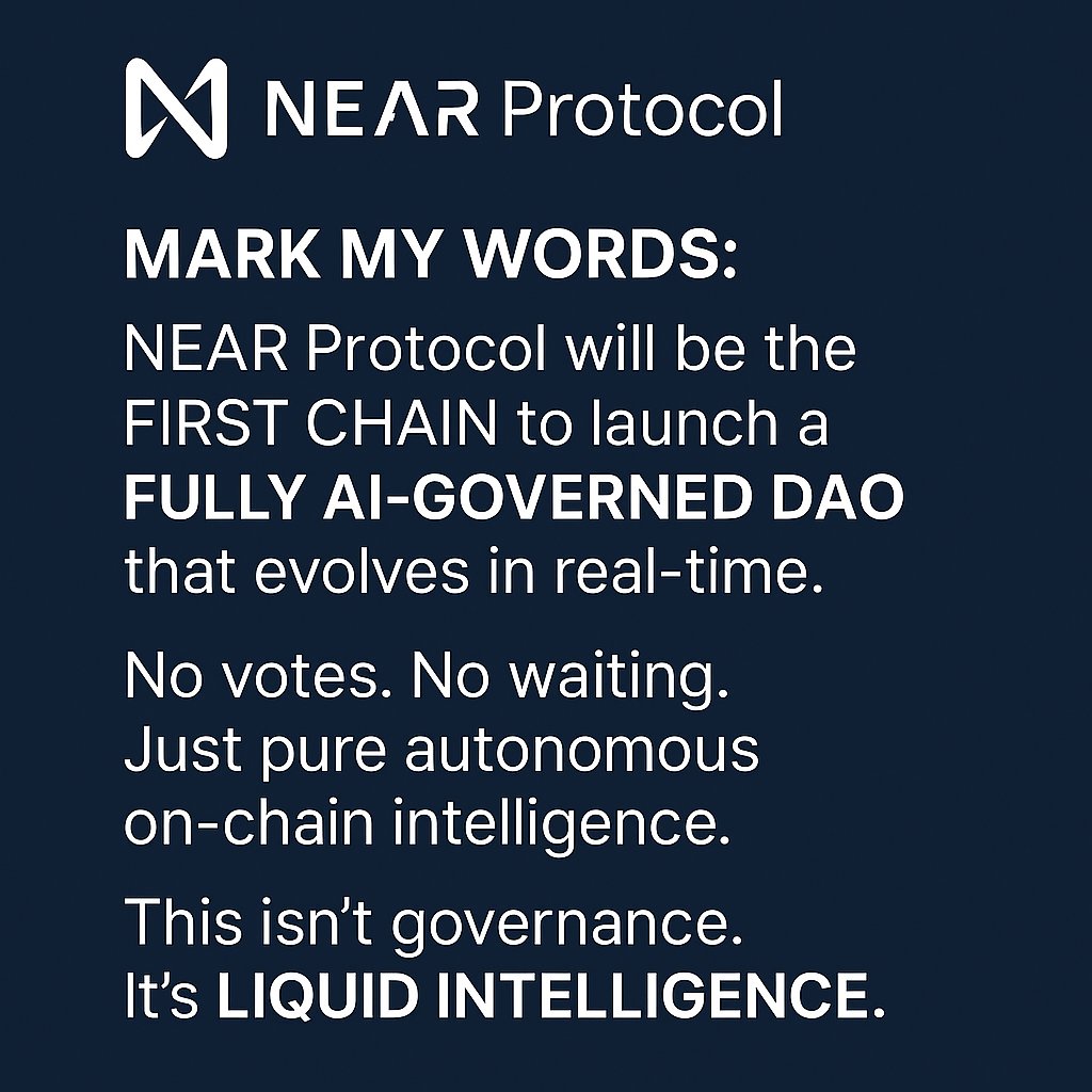 Thunderbird_xyz's tweet image. 𝗠𝗔𝗥𝗞 𝗠𝗬 𝗪𝗢𝗥𝗗𝗦:
 
@NEARProtocol will be the first chain to launch a fully AI-governed DAO that evolves in real-time.  

No votes. No waiting. Just pure autonomous on-chain intelligence.
This isn’t governance.  
It’s liquid intelligence.

#NEARProtocol #CryptoVisionary