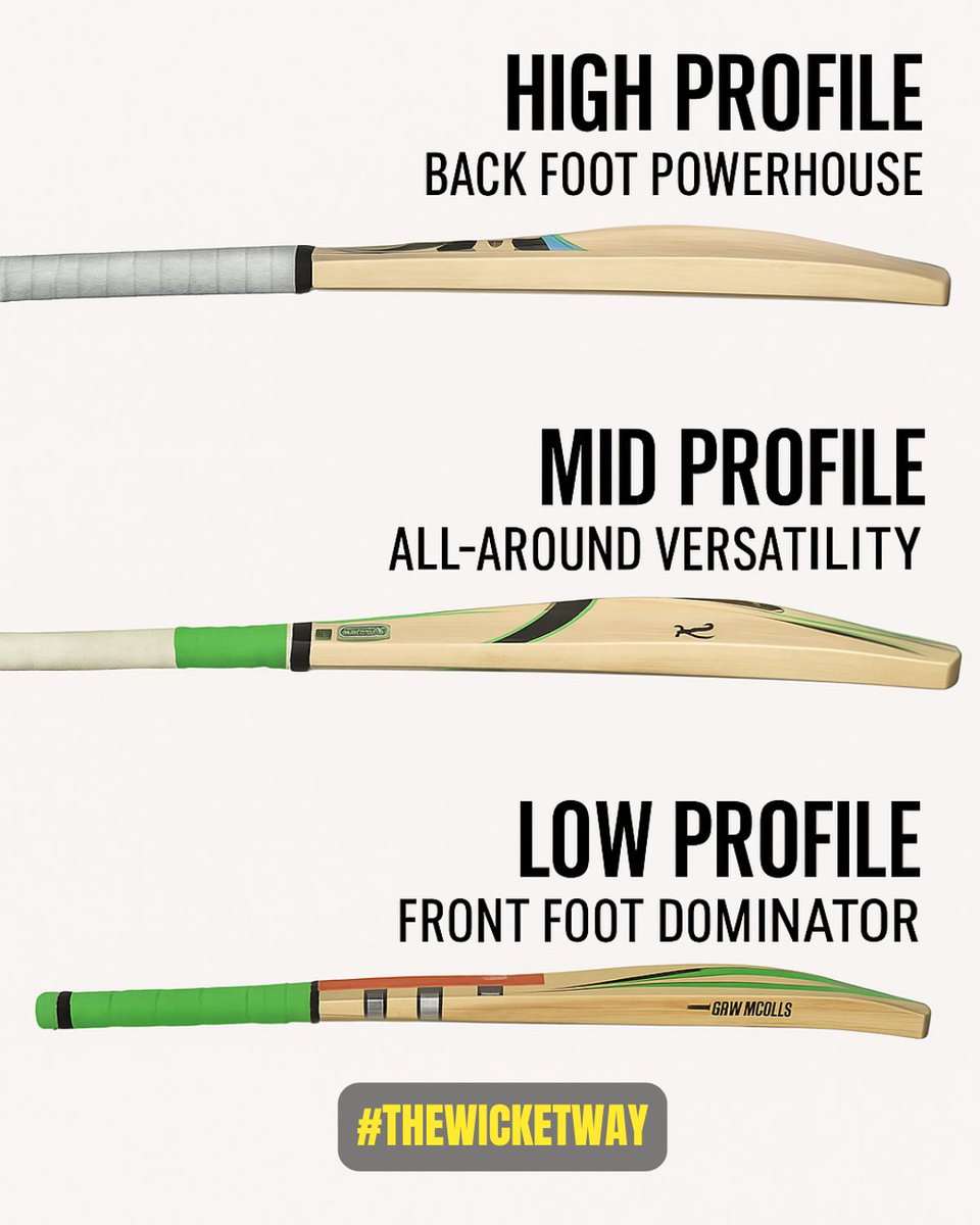 thewicketway's tweet image. 🏏 Unlock your batting power! 
High profile for back foot dominance; Mid for all-around versatility; and
Low for front foot domination. 
Which #CricketBat profile suits YOU? #BattingTips #CricketGear #Powerhouse #Versatility #Dominator #Cricket