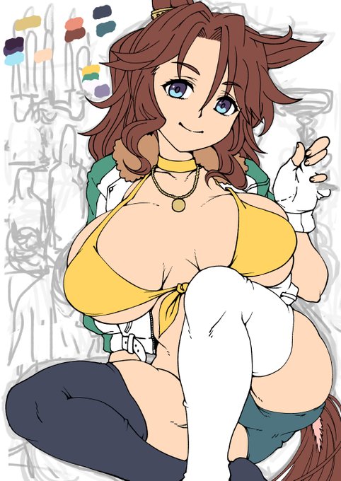 進捗状況:カラーラフ
skebでのご依頼で大人に成長した勝負服モチーフの水着を着用するメジロパーマーを描かせていただいています
線の修正を終え、色を仮置きしてみました 