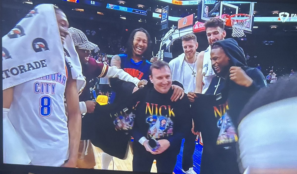 BrandonRahbar's tweet photo. Jalen Williams asks Nick Gallo in the postgame if he sees his shirt in the stands. 

JDub points to the OKC fans in Phoenix wearing the shirts and Thunder PR grabbed several from the fans. 

This was the result: https://t.co/2nZL9MT6JI