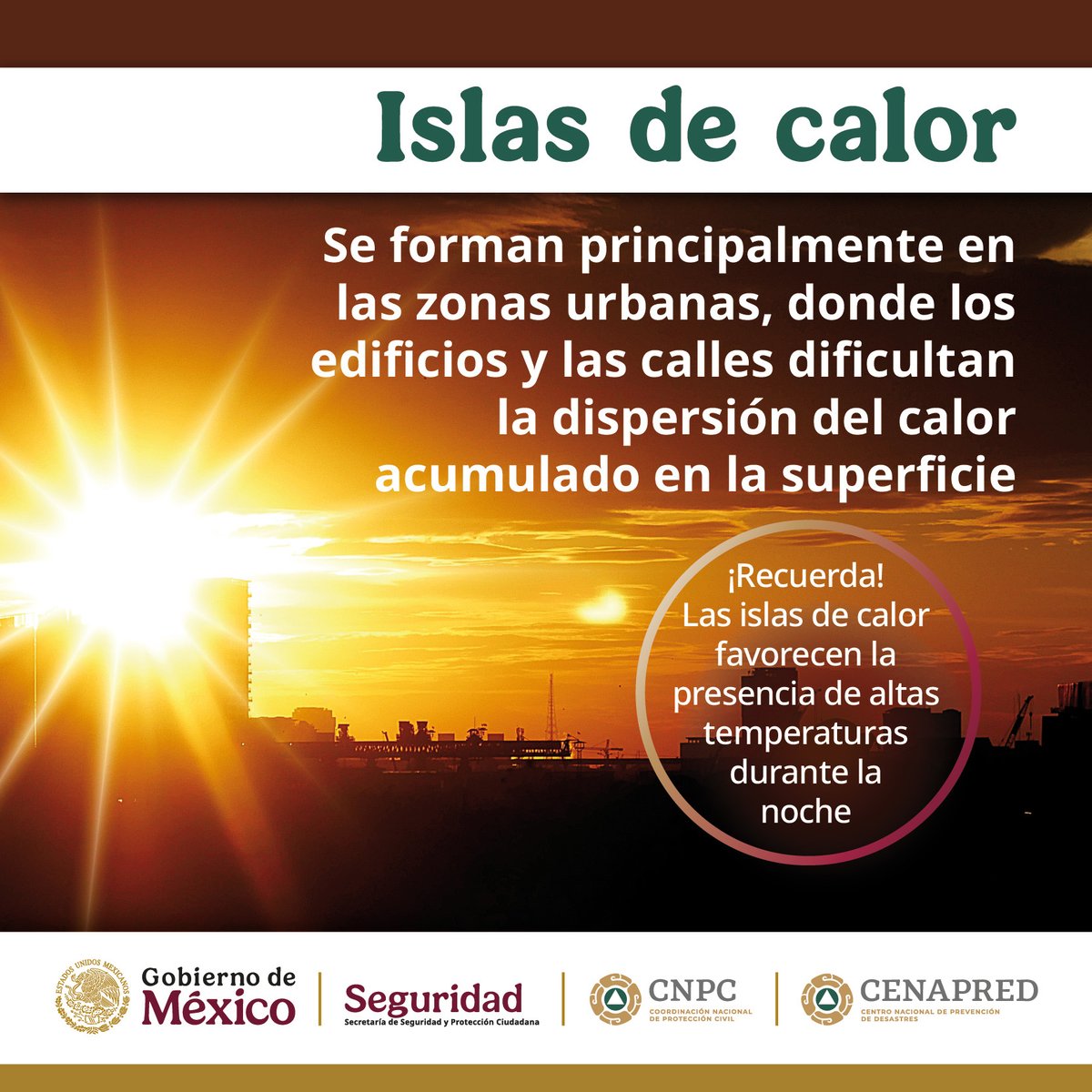 CNPC_MX's tweet photo. Las islas de calor 🌇 se acentúan en algunas ciudades debido a los materiales de construcción y la falta de vegetación. https://t.co/EFZS3mP1zK