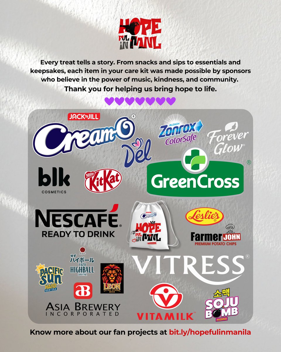 btsaph_130613's tweet photo. Every treat in your kit is a little love letter from us—snacks, essentials, keepsakes, and more—all made possible by our amazing sponsors who believe in the power of music, kindness, and connection.

We purple you, always!

#HOPEfulinManila #HOPE_ON_THE_STAGE_TOUR_Manila https://t.co/NoRHj9Y48u