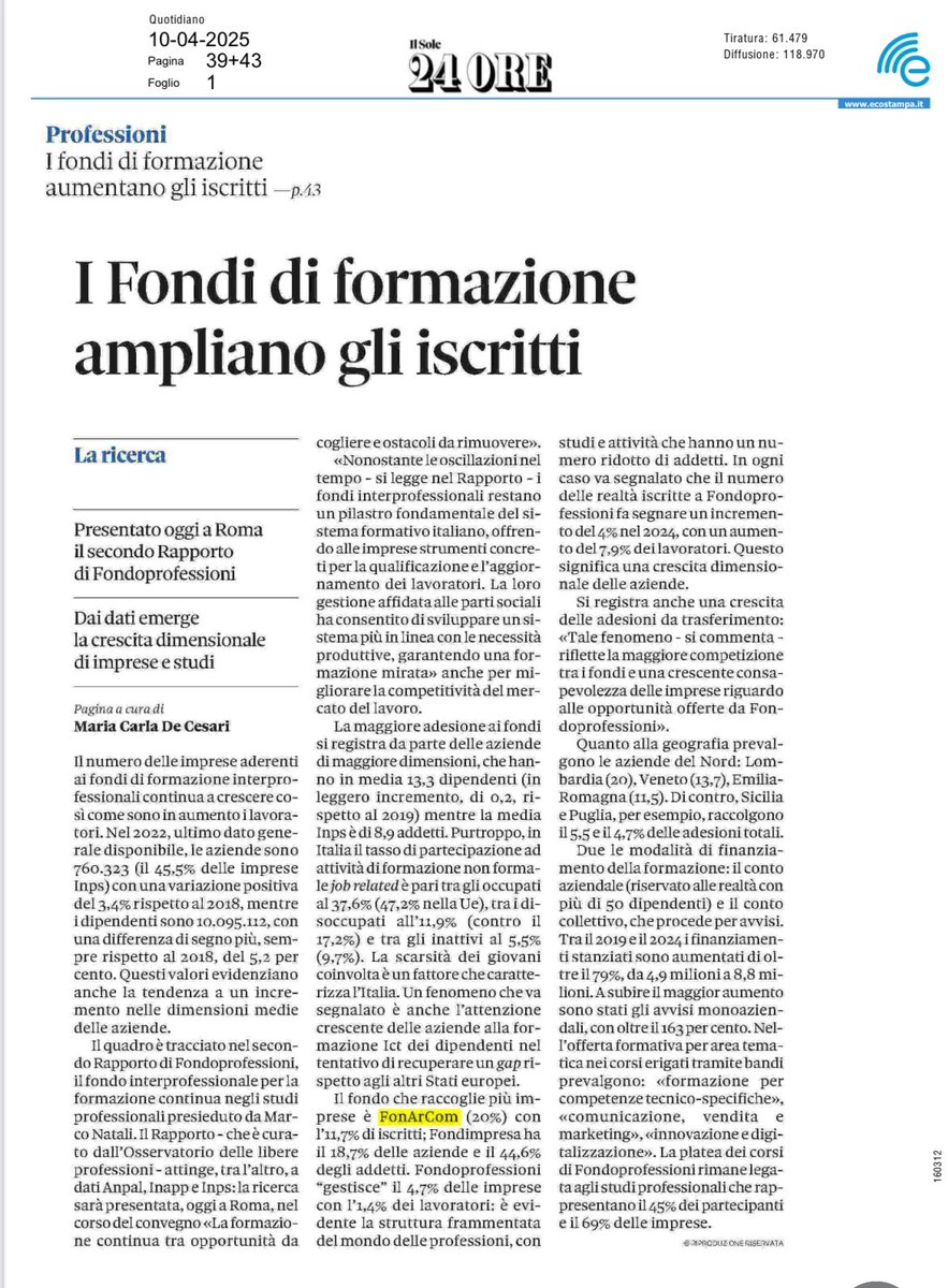 I dati pubblicati oggi su <a href="/sole24ore/">IlSole24ORE</a> ci confermano, ancora una volta, che la strada che stiamo percorrendo è quella giusta: <a href="/FonARCom/">FonARCom</a> è il fondo interprofessionale con il più alto numero di iscritti in Italia, pari al 20% del totale, e questo risultato non è solo un numero. È il