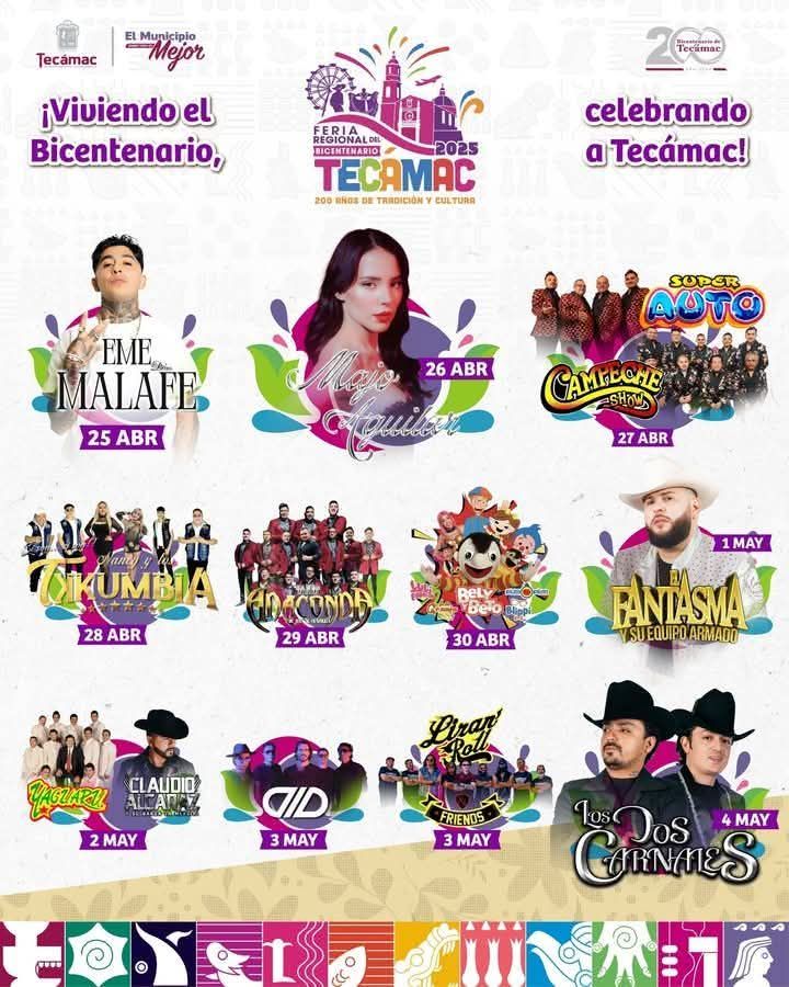 DondeHayFeria's tweet image. 🎆‼️VIVIENDO EL BICENTENARIO, CELEBRANDO A TECÁMAC‼️🎉

😍Queda lista la cartelera artística para la Feria Regional del Bicentenario Tecámac 2025:

🔶Los Dos Carnales
🔷El Fantasma
🔶Majo Aguilar
🔷Eme Malafe
🔶DLD y Liran Roll
🔷Claudio Alcaraz y Yaguarú

dondehayferia.com/feria-regional…