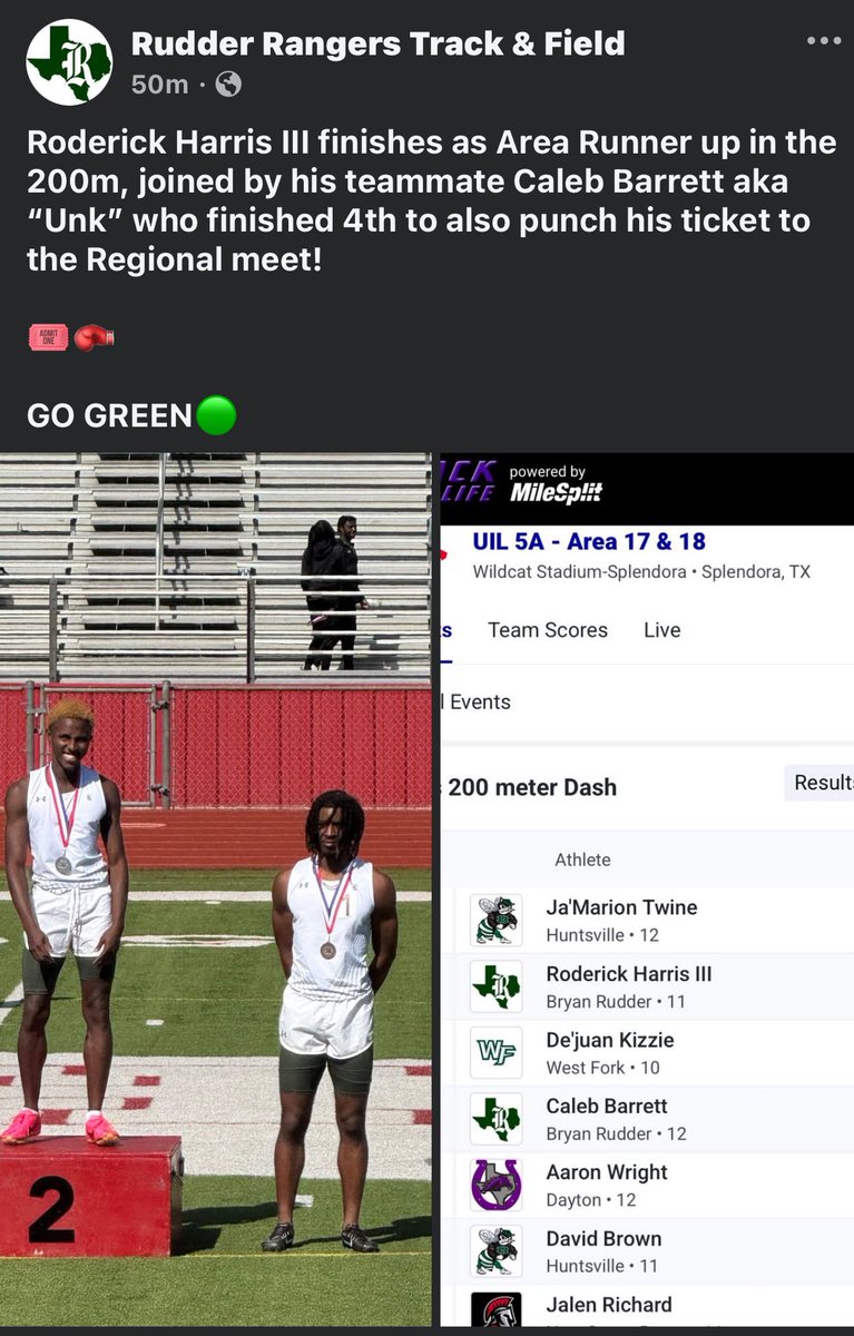 Caleb__Barrett's tweet photo. New 4x2 record as We advance into regionals
🥈-4x2
 4th-200m
#RLTW https://t.co/5ur7OPYQIm