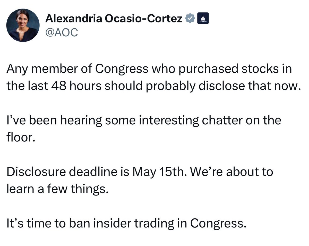 AOC is coming after MAGA members of Congress who have traded stocks in the last 48 hours👀…

Looking at you, MTG.