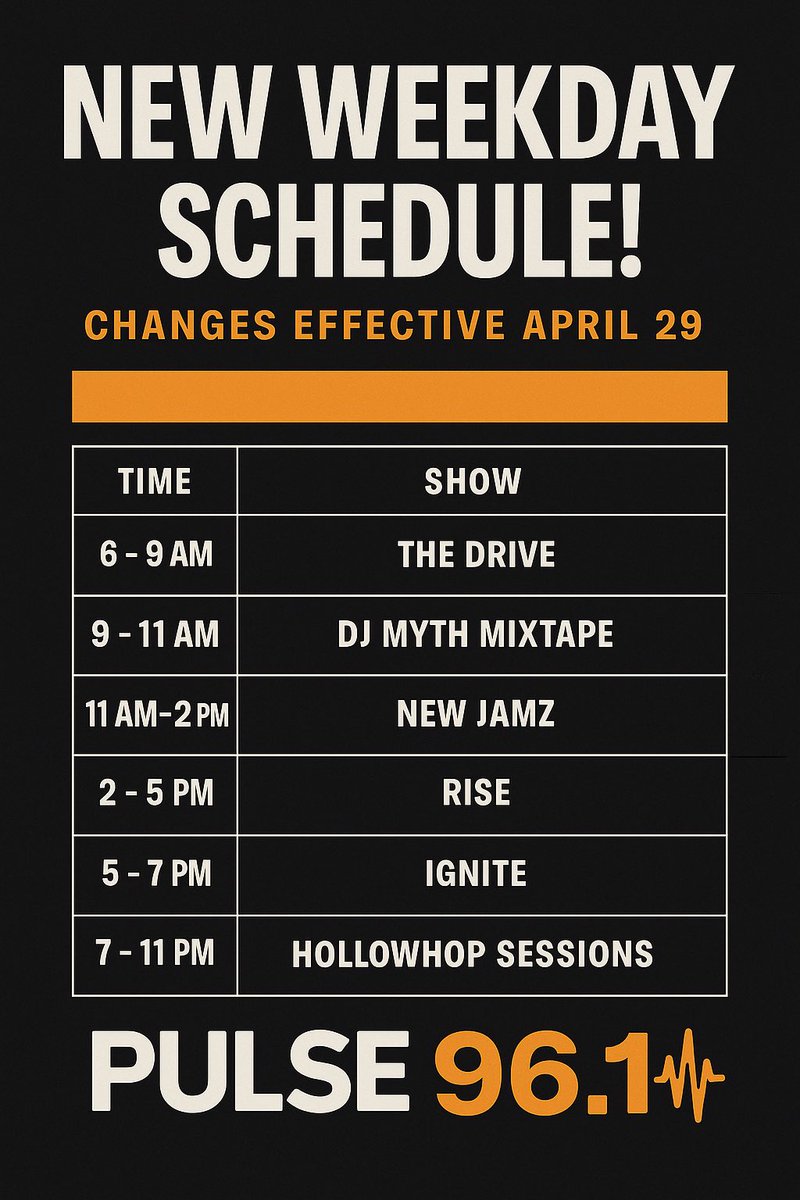 PulseRadio961's tweet image. We’re flipping the dial.

Starting this week, Pulse Radio 96.1 enters its experimental phase — with new time slots, new vibes, and refined flow.

Lock in daily. Permanent schedule goes live April 29.

#PulseRadio961 #BeatOfLakeCounty #NorthChicago #Illinois #InternetRadio