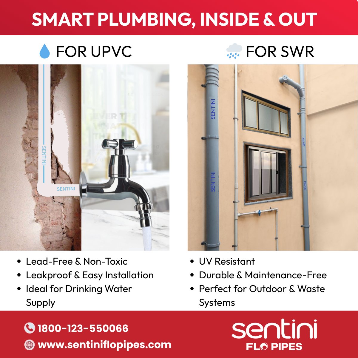 Sentiniflopipes's tweet photo. "Smart plumbing, inside & out!"
πΉLead-free UPVC Pipes for drinking water.
πΉ UV-resistant SWR Pipes for drainage.
Built strong. Built smart.
π https://t.co/d3nYWGp4ch
βοΈ 1800-123-550066
#PlumbingSolutions #UPVC #SWR #SentiniFloPipes https://t.co/ByI6d2Qh9F