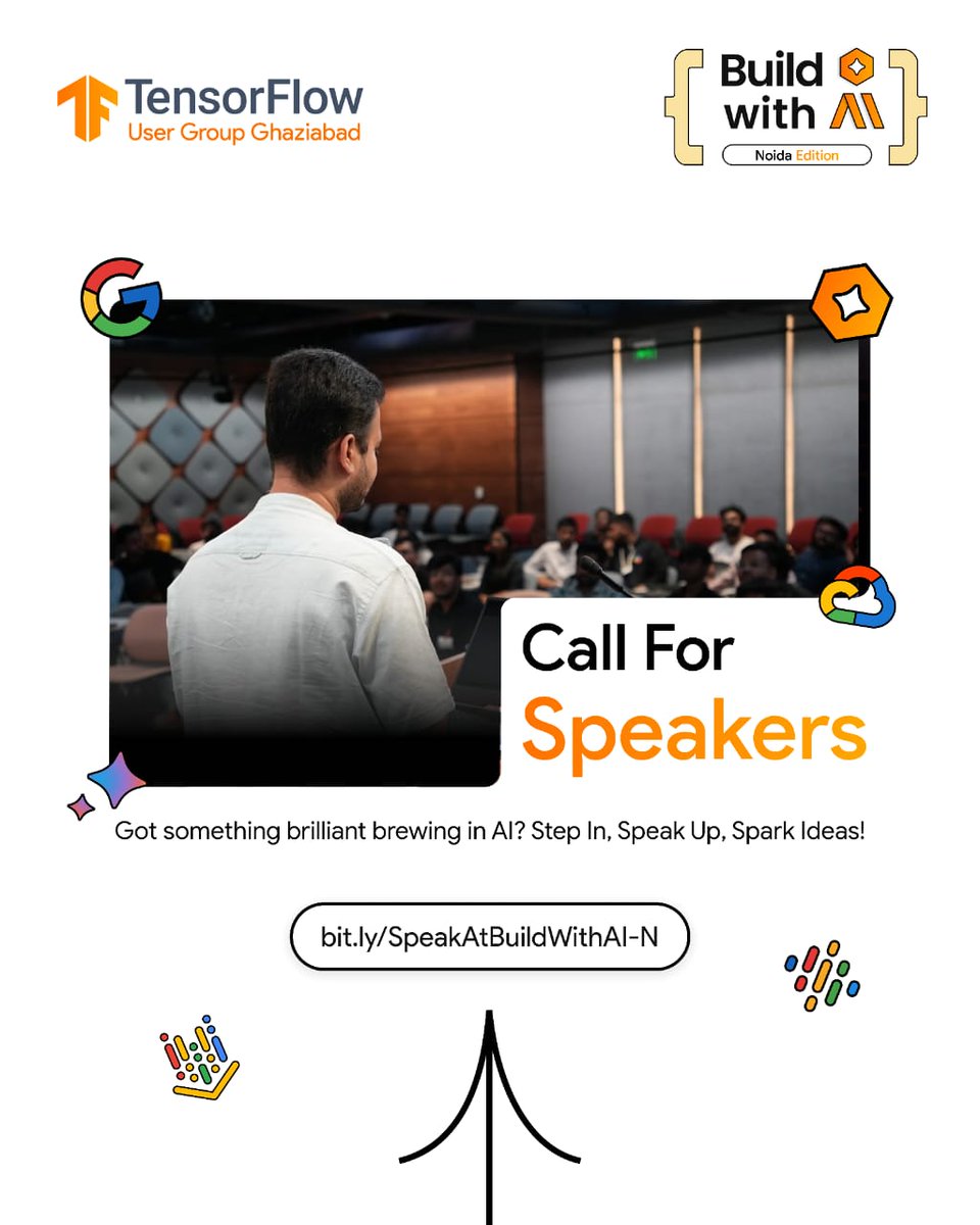 ⚡𝗖𝗮𝗹𝗹 𝗳𝗼𝗿 𝗦𝗽𝗲𝗮𝗸𝗲𝗿𝘀 – 𝗕𝘂𝗶𝗹𝗱 𝘄𝗶𝘁𝗵 𝗔𝗜: 𝗡𝗼𝗶𝗱𝗮 𝗘𝗱𝗶𝘁𝗶𝗼𝗻⚡

📌 𝑨𝒑𝒑𝒍𝒚 𝒉𝒆𝒓𝒆: commudle.com/fill-form/3341

#tfug #buildwithai #google #TensorFlow #ai #ML #Techevent #TechCareers #SoftwareEngineer #ArtificialIntelligence #Machinelearning