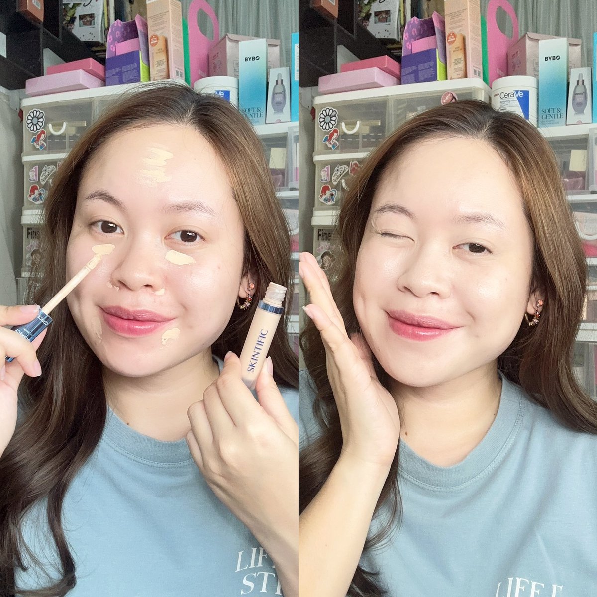 Skintific concealer เรามี 2 สีแล้วนะ 🤣 ชอบบบ เค้าเก๋ตรงมี 2 หัว หัวใหญ่ใช้ Conceal หัวเล็กใช้ Correct 🩵 เนื้อเกลี่ยง่าย จะใช้มือ แปรง ฟองน้ำ คือได้หมดดด ปกปิดค่อนข้างดีเลย สามารถบิ๊วเพิ่มได่ ในส่วนตรงที่สิวแห้งๆ ก็ลงบำรุงก่อนใช้คอนซีลน้า จะได้ไม่ลอก #ใช้ดีบอกต่อ #ใช้จริงรีวิวจริง