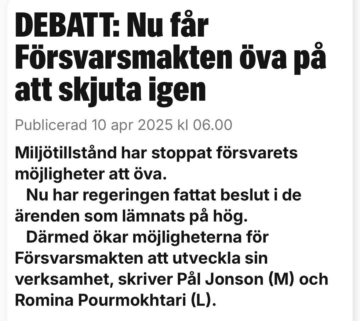 PlJonson's tweet photo. 🧵Regeringen har nu fattat beslut om alla de miljötillståndsärenden som rör ökad verksamhet på Försvarsmaktens övningsfält, skjutfält och flygplatser. Vissa ärenden har väntat på beslut i över 11 år. 

Här är några exempel på hur försvarsförmågan nu kommer öka: (1/6) https://t.co/EJLpbe2g8U