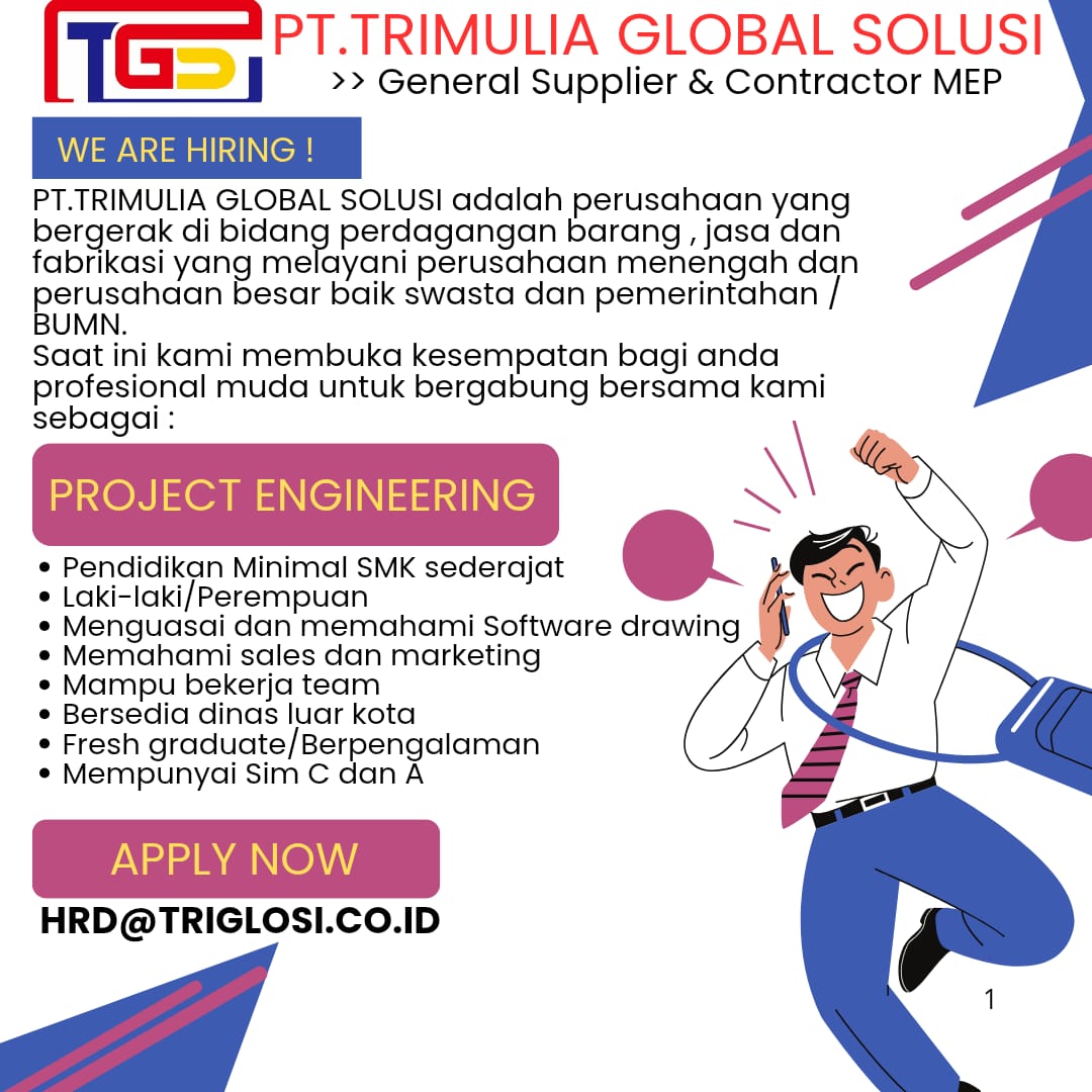 lokersoloraya's tweet image. Bergabunglah Bersama Kami!
PT. Trimulia Global Solusi membuka kesempatan emas untuk kamu yang bersemangat dan ingin berkembang di dunia Project Engineering!

Apply sekarang ke:
HRD@TRIGLOSI.CO.ID

Wujudkan karier impianmu bersama kami!

#LowonganKerja #ProjectEngineering