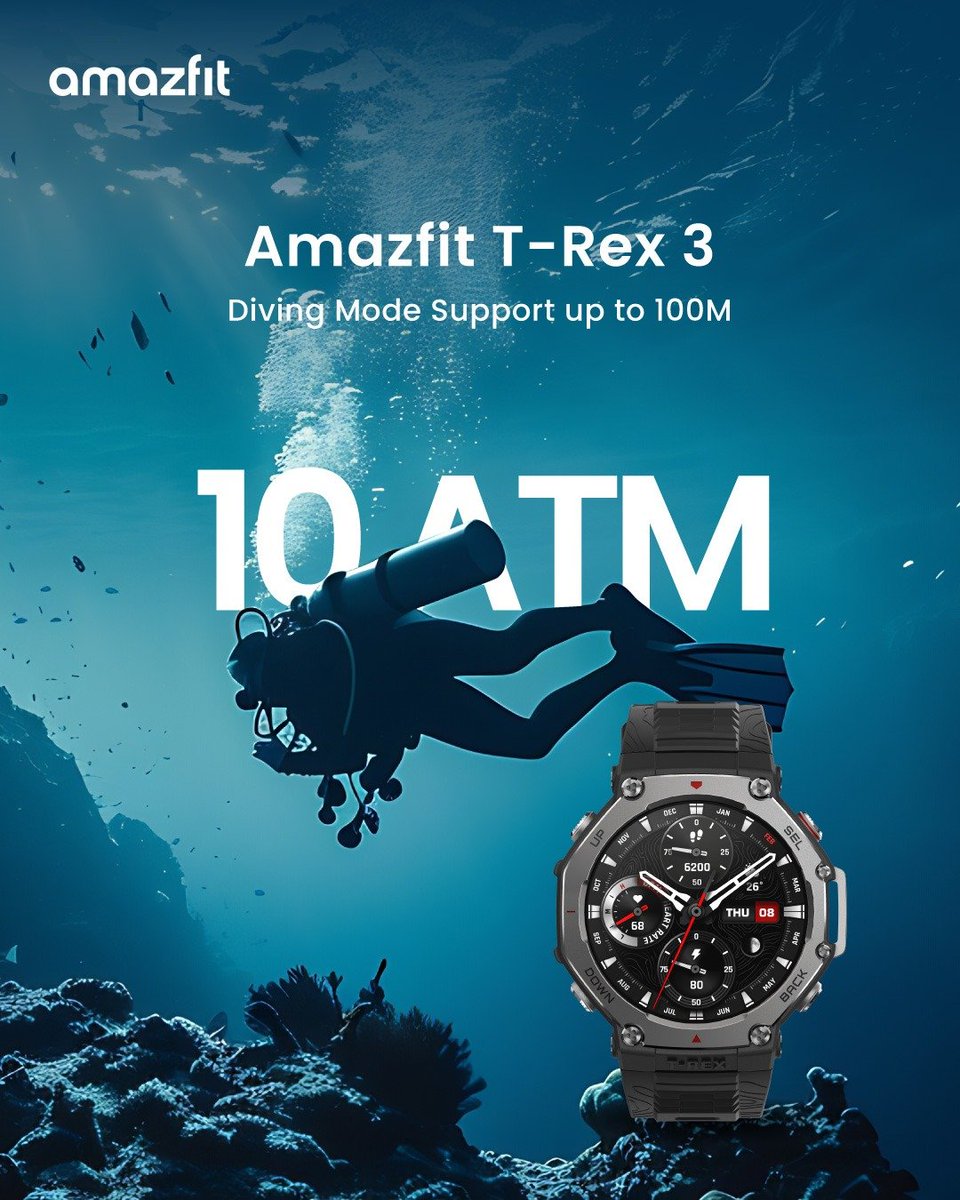 AmazfitIN's tweet photo. Take the plunge. With diving mode support up to 10ATM, your underwater adventures just got an upgrade. No limits, just possibilities.
Shop now at https://t.co/LWDT9qLFFr or https://t.co/S3Wy4EOirm
#AmazfitTRex3 #DivingWatch #AdventureReady https://t.co/6H0fpXXolE