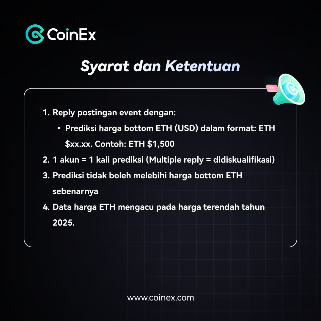 ETH makin turun, udah bottom belum ya? 📉

Yuk tebak harga terendah $ETH dalam setahun terakhir.
Prediksi paling dekat (tanpa melebihi) bakal dapet hadiah! 🎯💸

Cara ikut:
1️⃣ Like &amp; Retweet
2️⃣ Reply prediksi kamu (contoh: ETH $1,500)

🎁 Total hadiah $100 dalam bentuk $ETH!