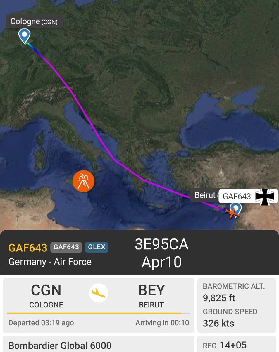 LebanonJets's tweet photo. 4th #Germany AirForce flight to Beirut this month- early morning 14+05 as #GAF643 from Cologne & next to Berlin. Same airframe #3E95CA was just here 2 days ago during a sandstorm https://t.co/SlYDZMqX1o