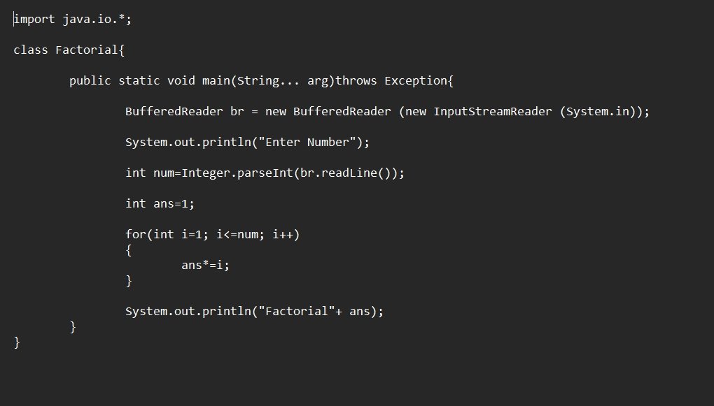 CompileWith_rs's tweet photo. Day 8 of my Core Java journey!
Today was all about  loops For, While, do-while loop and  written a program to calculate factorial of a number! 
Every small program adds a boost of confidence.
#BuildInPublic #Java https://t.co/Hsno8yh1L1