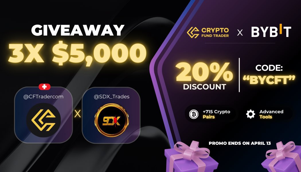 📣 GIVEAWAY 📣

CFT partnered with BYBIT 
So we’re giving away 3 x $5k$ challenge acct  to celebrate 🔥
➡️trade over 715 crypto pairs  with advanced tools 

Rules
✅ Follow <a href="/SDX_Trades/">SDX_📊💥</a> <a href="/CFTradercom/">Crypto Fund Trader</a> 
✅ Retweet &amp; Like this post
✅ Tag 3 friends

Click the link to purchase acct