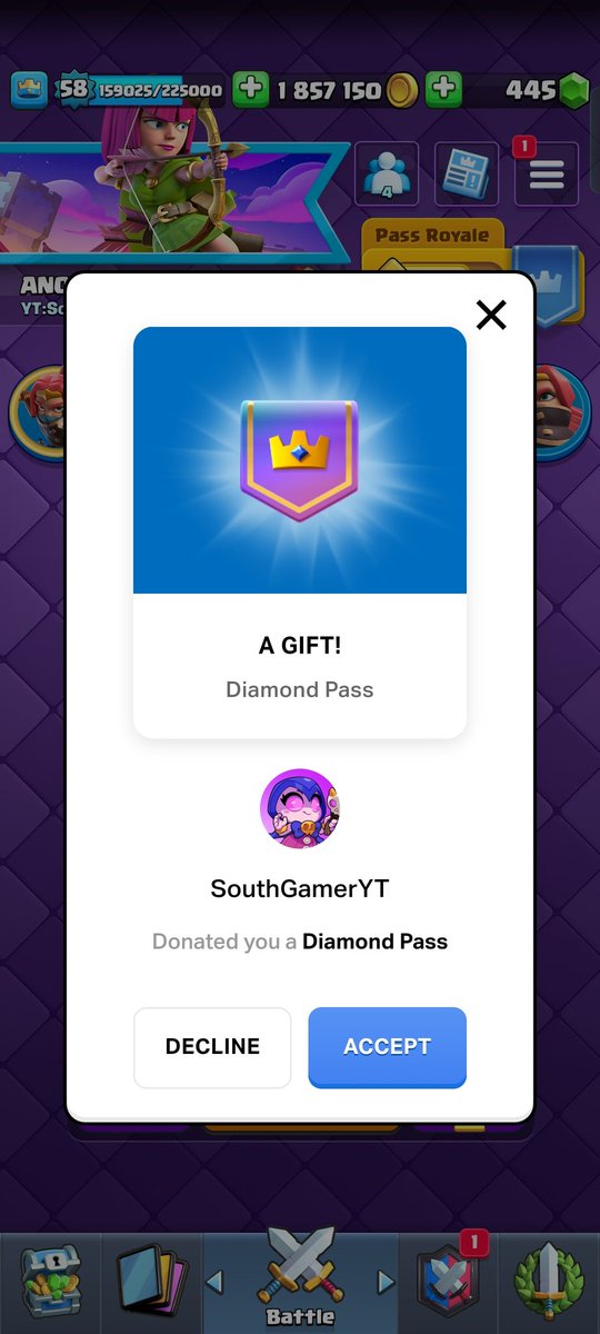 anosgoad007's tweet photo. Huge thanks to @SouthGamerSaga for the diamond pass in clash roayle! 💎 🔥❤️ https://t.co/Pm1bFsd1jB