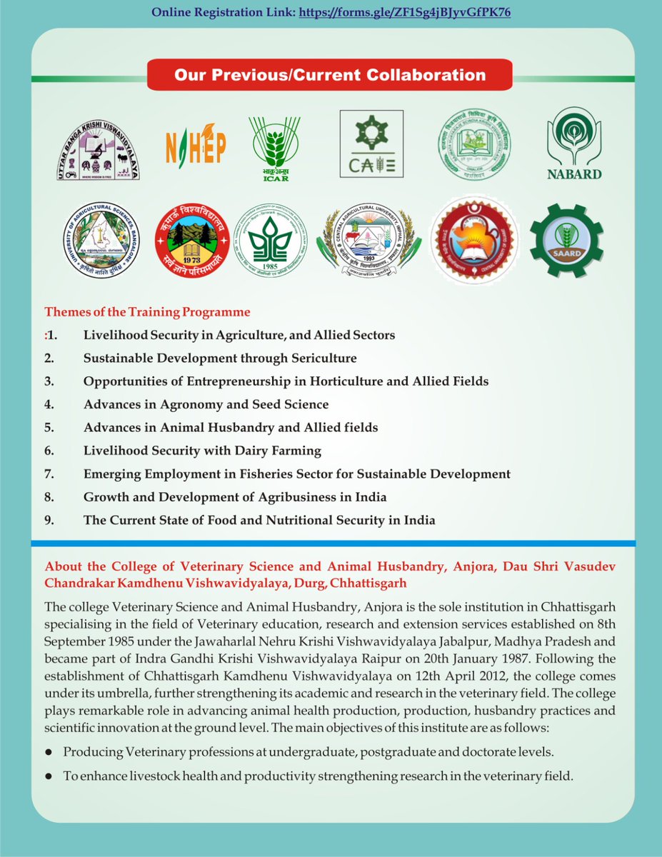 2012Cpsingh's tweet image. Online Registration Link: 
forms.gle/ZF1Sg4jBJyvGfP…  

21 Days National Training Cum Summer School on “Opportunities in Agriculture, Animal Husbandry, Dairy, Fisheries, Sericulture, Horticulture &amp;amp; Allied Sectors for Sustainable Entrepreneurship” During June 10-30, 2025.