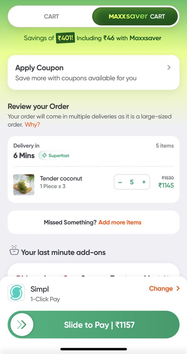 hbilandi59's tweet photo. Hey @SwiggyInstamart , your MAXXSAVER cart is a masterpiece 😂. Normal cart: ₹1207  MAXXSAVER cart: ₹1157

All that hype, minimum order drama, and a fancy name… for a grand total of ₹50 difference?

MAXXSAVER? Feels more like MINISAVER with MAXX attitude.
#swiggyinstamart https://t.co/fwxoRrn61d