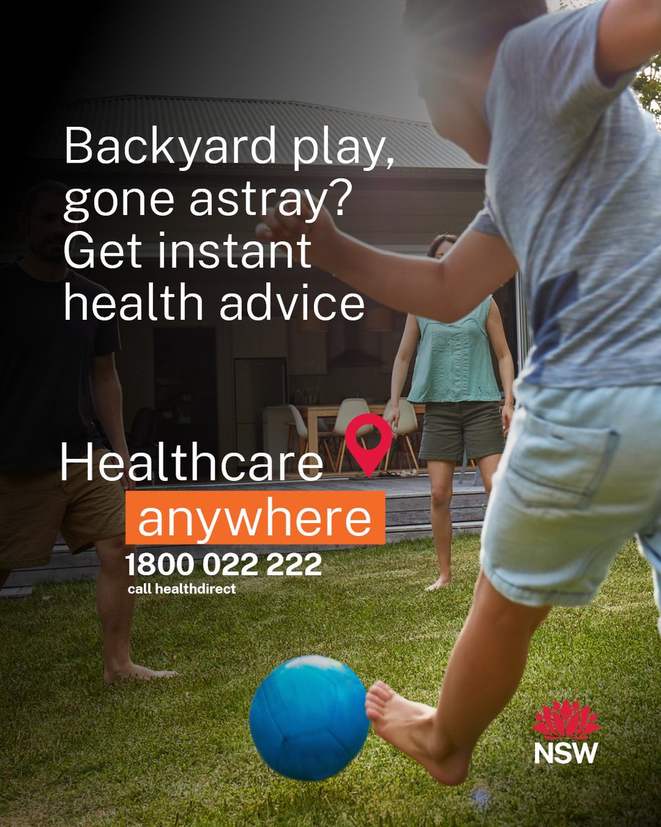 Unwelll and not sure where to go? You can call healthdirect on 1800 022 222 and get the help you need. healthdirect is free and available 24 hours a day, 7 days a week.

Learn more: health.nsw.gov.au/anywhere

Symptom checker: healthdirect.gov.au/symptom-checker
