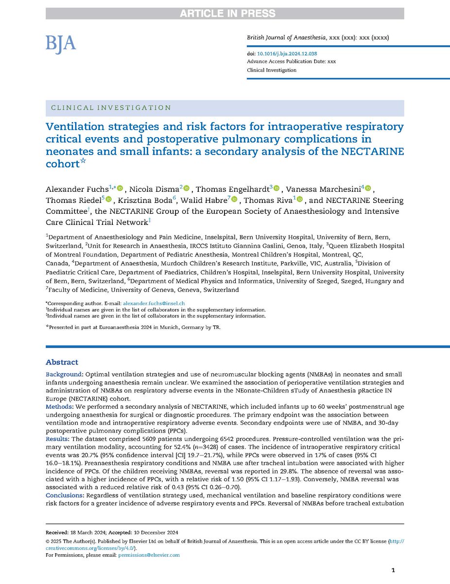 Consensus is lacking in neuromuscular blocking agent #NMBA use in neonates. Post-op pulmonary complications were increased with use of NMBA and significantly higher without #reversal. #NECTARINE #OpenAccess bjanaesthesia.org/article/S0007-…