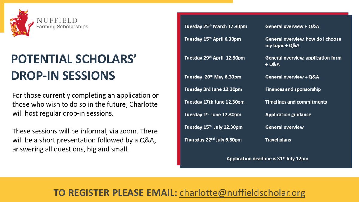 💭Know someone who would make a great #Nuffieldfarming Scholar? Why not invite them to one of our open evenings?

Potential Scholars can learn more about the Scholarship, choosing a topic and the application process. To register, please email charlotte@nuffieldscholar.org 📩