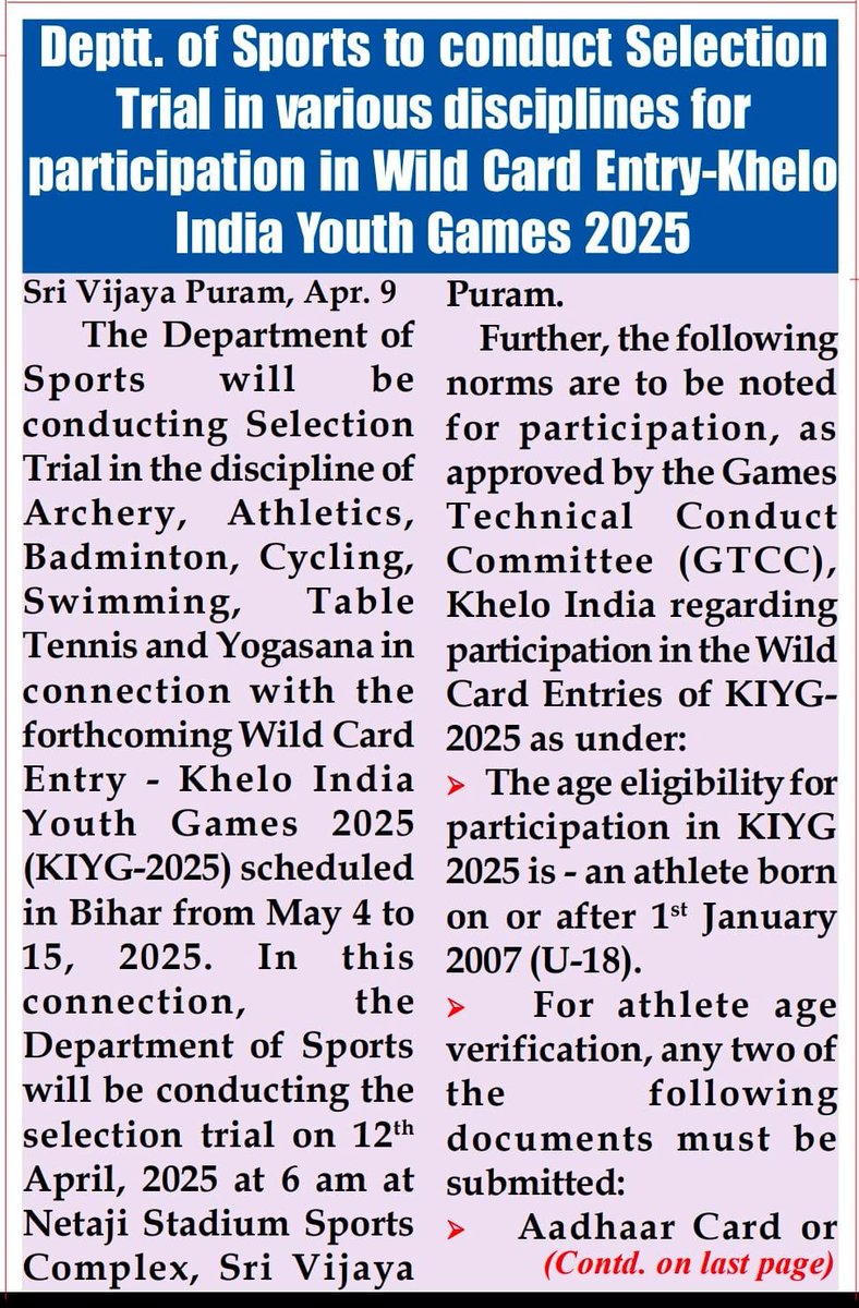 DSYA_ANDAMAN's tweet photo. DEPT. OF SPORTS TO CONDUCT SELECTION TRIALS FOR KHELO INDIA YOUTH GAMES #sports #yas https://t.co/0Fyas9TS53