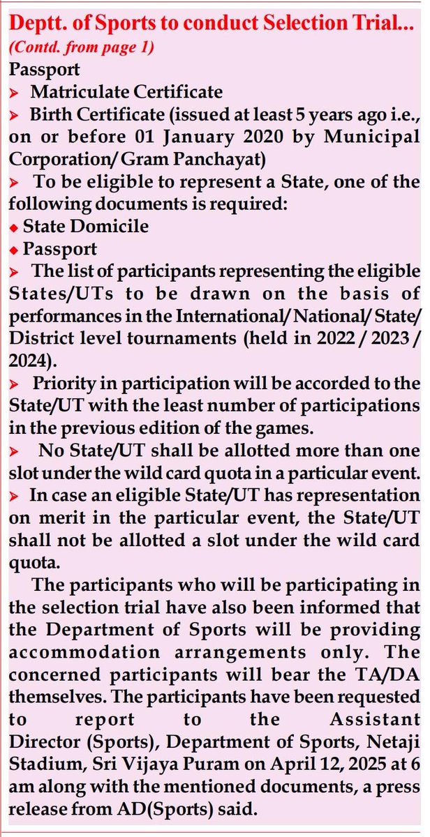 DSYA_ANDAMAN's tweet photo. DEPT. OF SPORTS TO CONDUCT SELECTION TRIALS FOR KHELO INDIA YOUTH GAMES #sports #yas https://t.co/0Fyas9TS53