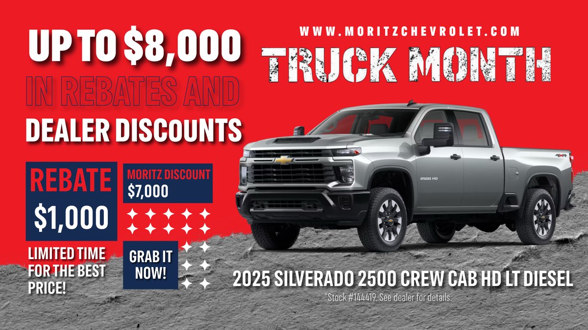 ChevroletMoritz's tweet photo. Are you ready to save up to $8,000 in rebates AND dealer discounts on 2025 Chevy Silverado 2500 Crew Cab HD LT Diesel inventory?
Don't miss out on the best prices on this limited time offer!
https://t.co/Cju4doEo66
#moritz #Chevrolet #TruckMonth #DealerDiscounts #Rebates https://t.co/LIeDHxkkOy