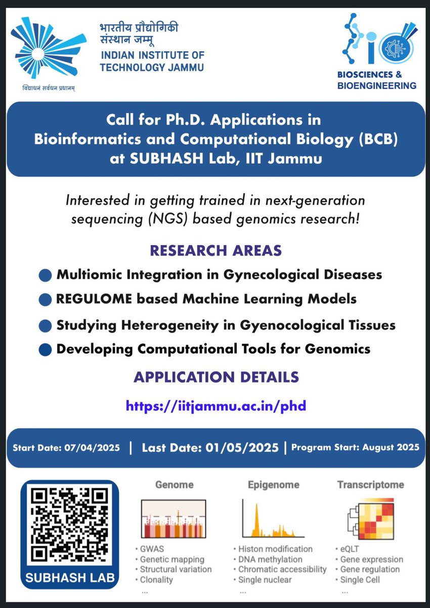 decodebiology's tweet photo. Application for Ph.D. in Bioinformatics and Computational Biology (BCB) is open now. Our lab is looking for candidates who are interested #NGS &amp; #genomics data analysis. Apply through IIT Jammu Ph.D. programme https://t.co/ytYvY7EWVb @IITJMU_BSBE @IITJammu #phdposition https://t.co/oHAf7sbkoh