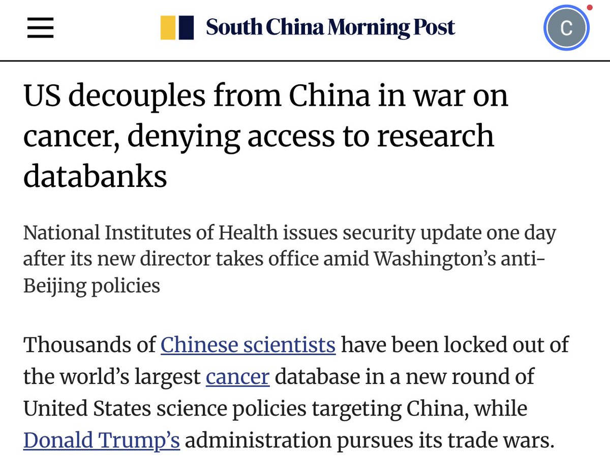 Ma_WuKong's tweet photo. 🇺🇸🇨🇳 Estados Unidos bloquea a científicos chinos de acceder a bases de datos para la investigación contra el cáncer.

El capitalismo depredador anglosajón no se puede arriesgar a que otros descubran curas que no se pueden capitalizar y explotar. https://t.co/xZCKsZ2uFw