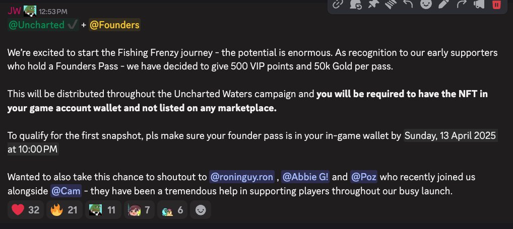 500 VIP points + 50k gold if you hold a founder's pass <a href="/FishingFrenzyCo/">Fishing Frenzy</a> 

- distributed randomly through the season
- must send it to your in-game wallet
- rewards stack