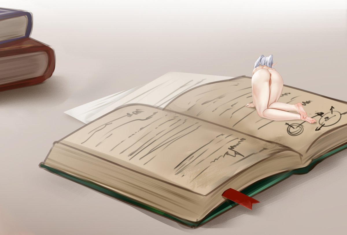 Frieren after using a shrinking spell she just learned before reading to the part that explains how to undo it.  An edited Easonx image.  #sizetwitter #shrunkenwoman