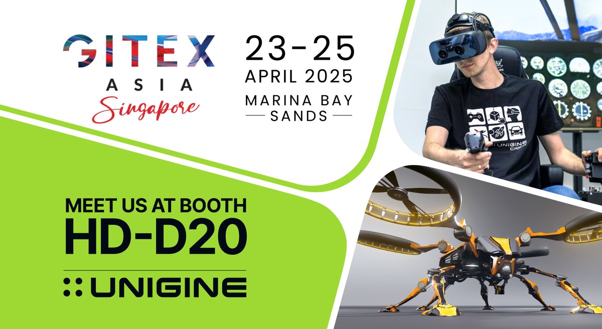 Unigine's tweet photo. Exciting news! UNIGINE will be at @gitexasia in Singapore (Apr 23-25) at Marina Bay Sands! Visit us at Booth D20, Hall D, to explore our Simulation Platform for Drone, VTOL, ADAS, Autonomous Vehicles &amp; more!

Register: https://t.co/nXaLNCl0Fj

See you there! #GITEXAsia https://t.co/uK4wBeG4R1