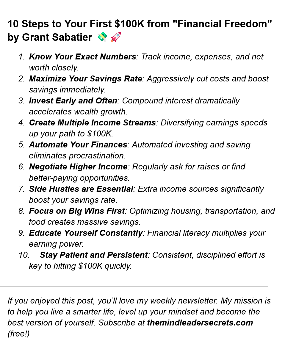 Mindtutorials's tweet photo. Build your first $100K faster.
Start your journey to wealth today.
Here are 10 powerful lessons from "Financial Freedom". #MillionaireMindset #FinancialMastery https://t.co/qMsyB0Nsbj