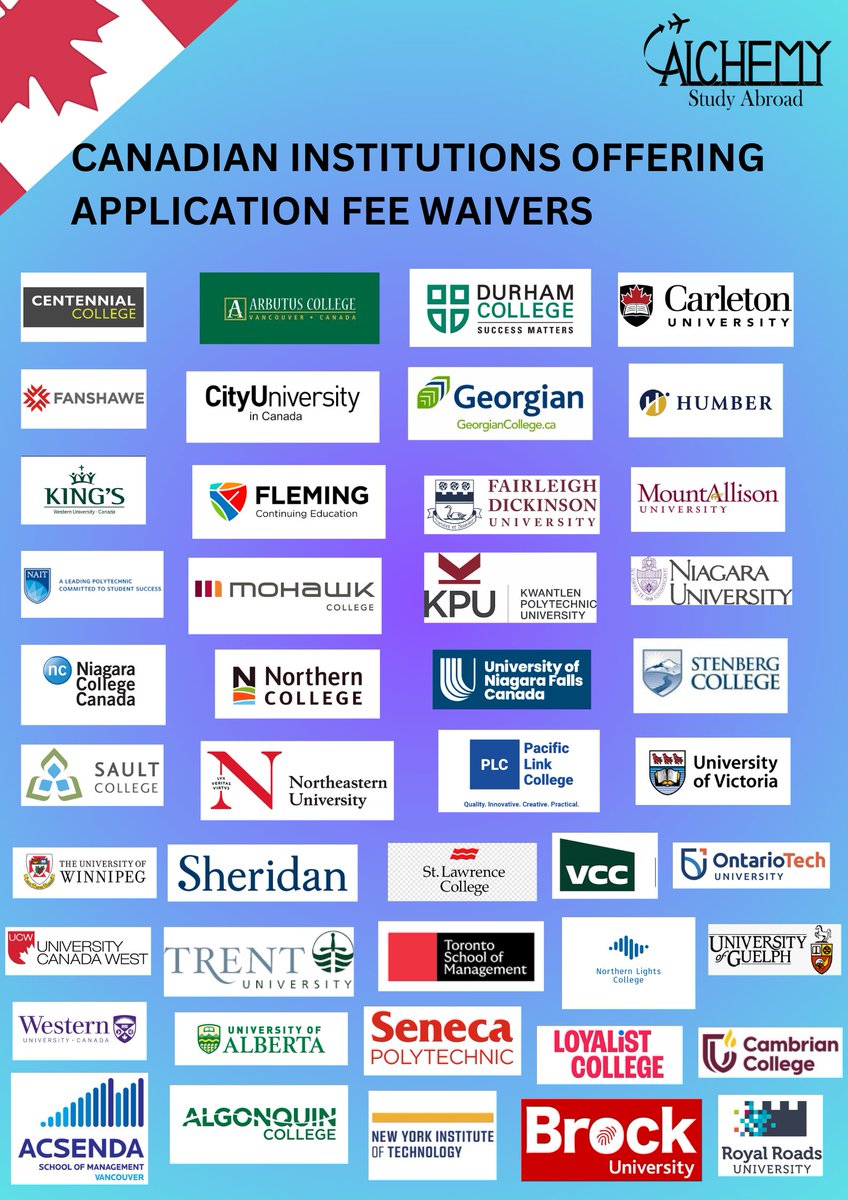 Alchemy_Study's tweet photo. 🎓🇨🇦 Canadian Institutions Offering Application Fee Waivers! 💸✨ Save on your application and start your study abroad journey with ease. Apply now with expert support! ✅ #studyincanada #feewaiver #studyabroad #futureready https://t.co/Vs5BNnsE8h