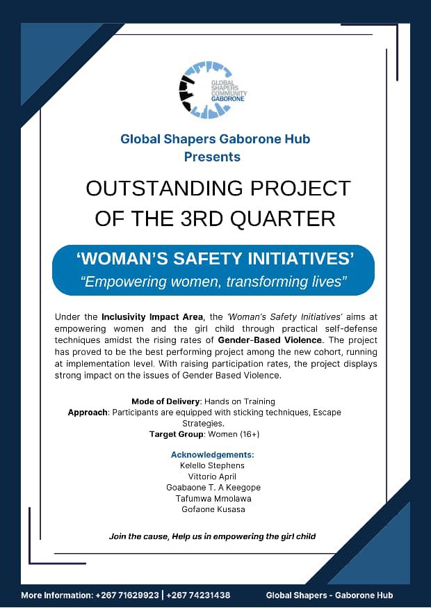 Proud to celebrate the Outstanding Project of the 3rd Quarter!
‘Woman’s Safety Initiatives’ is equipping women with self-defense skills to combat gender-based violence.
Empowering women, transforming lives!
#EndGBV #WomensSafety #GlobalShapers #Botswana #EmpowerHer