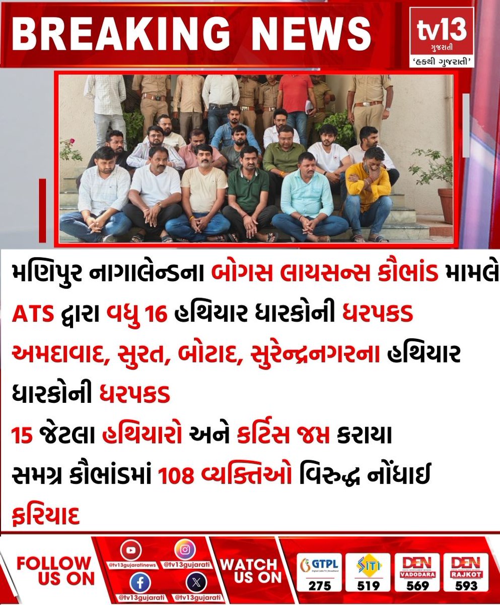tv13gujarati's tweet photo. મણિપુર નાગાલેન્ડના બોગસ લાયસન્સ કૌભાંડ મામલે ATS દ્વારા વધુ 16 હથિયાર ધારકોની ધરપકડ
#ATS #arrests #16armsowners #Manipur #Nagaland #bogus #licensescam #tv13gujarati https://t.co/chjZzetTmD