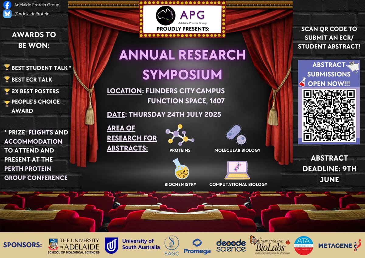 AdelaideProtein's tweet image. 🚨 Calling all protein lovers! 

🧪The APG Annual Research Symposium is back — bigger, bolder, and brimming with cutting-edge science! 

📅 24th July 2025
🎤 Inspiring talks
🤝 Networking galore

Submit abstracts: apg.asn.au/2025/04/07/202…

Stay tuned — you don’t want to miss this!