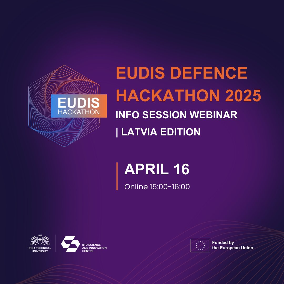 💥 The EUDIS Defence Hackathon 2025 | Latvia Edition is coming – and we're kicking it off with a live info session you won't want to miss!
 
📆 April 16 | 🕒 15:00–16:00 EEST
📍 Online (Zoom &amp; Facebook Live)
🎟️ Register here: ej.uz/EUDIS_infosess…
🌐 Language: English
