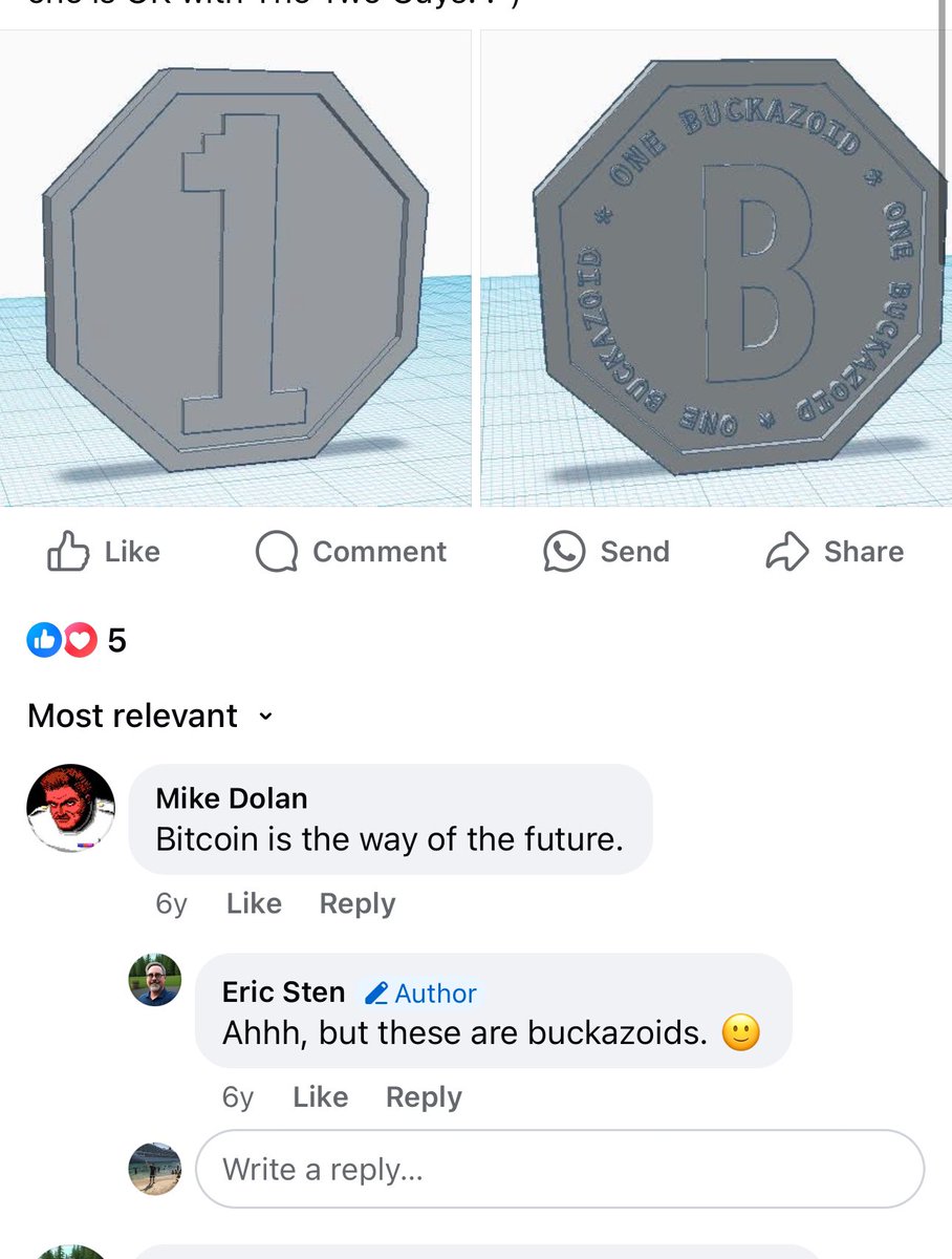 Roarger99's tweet photo. Spent most of my night looking for more lore. I joined a few sierra gaming facebook groups and am slowly diving beyond the scope of just asking AI! 

I found a post from 6 years ago referencing the Buckazoids from Space Quest 3! The guy was designing 3D printable Buckazoids and another user referred to it as Bitcoin! 

The signs are everywhere, Buckazoids are the father of crypto!
