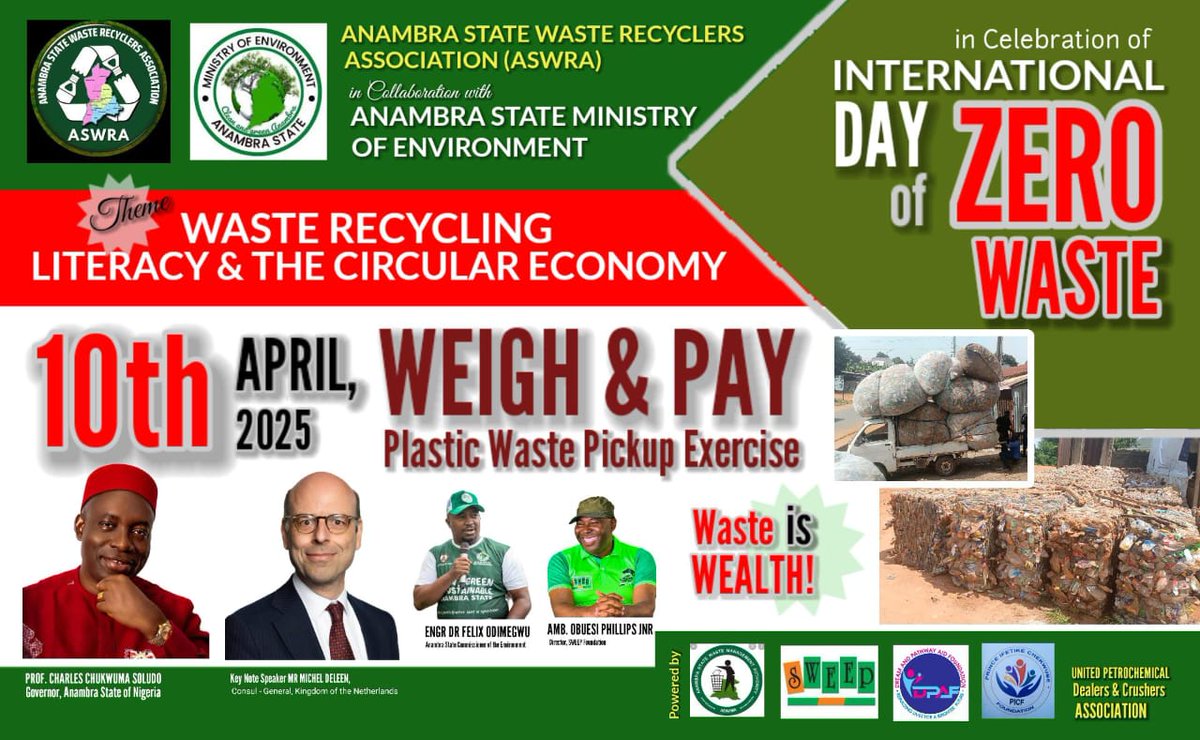 Join us for "Waste Recycling Literacy &amp; Circular Economy" symposium in Anambra State! Organized by @ASWRAng &amp; <a href="/SWEEPFoundation/">S.W.E.E.P</a>, in collaboration with @AnambraEnvMinistry. 
Key stakeholders will explore inclusive approaches to waste management &amp; circular economy. #WasteRecycling