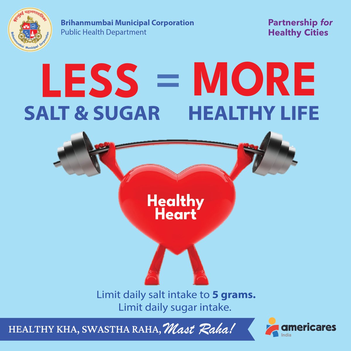 Mumbaikars consume too much salt &amp; sugar—and it’s shows in our health stats.  On #WorldHealthDay, BMC launched Salt &amp; Sugar Awareness Campaign, in partnership with #VitalStrategies #AmericaresIndia as part of #Cities4Health network to reduce #NCDs– create healthier cities for all