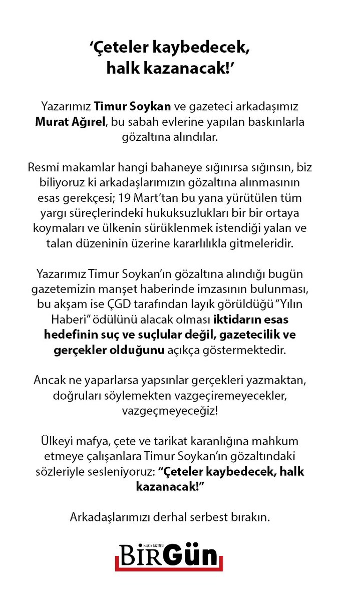 BirGün'den açıklama: 'Çeteler kaybedecek, halk kazanacak!'
birgun.net/haber/birgun-d…