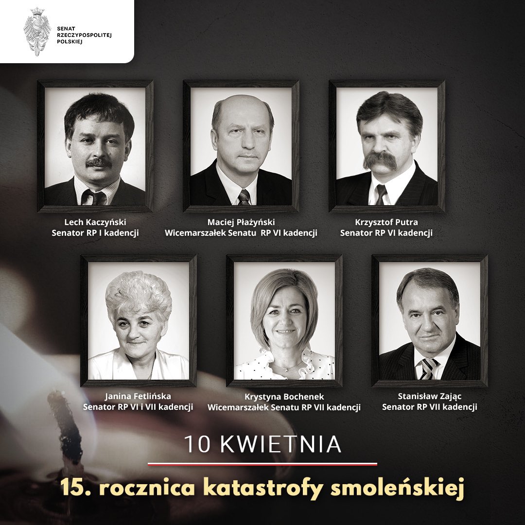 🕯️10 kwietnia 2010 r. na lotnisku pod Smoleńskiem rozbił się samolot TU-154. W katastrofie zginęło 96 osób w tym prezydent Lech Kaczyński z małżonką Marią Kaczyńską oraz ostatni prezydent na uchodźstwie Ryszard Kaczorowski. Bolesną stratę poniósł też Senat VII kadencji. Na