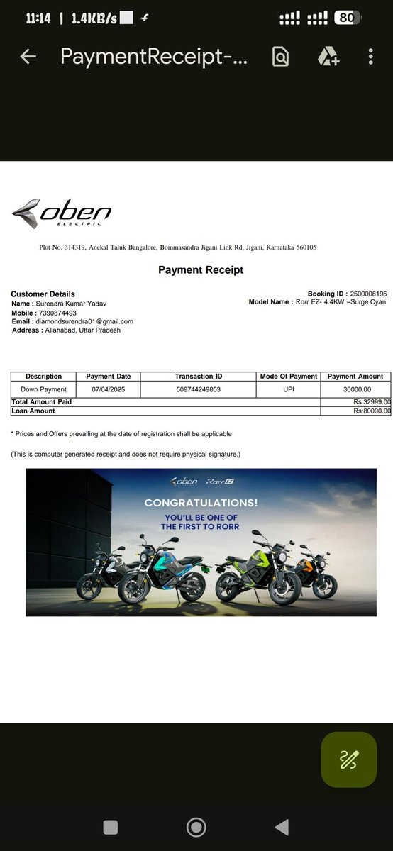 SurendraDiamond's tweet photo. मेरे साथ Oben electric bike के नाम पर फ्रॉड हुआ हमने कंपनी की वेबसाइट पर ऑनलाइन इंटरेस्ट डाला तो कंपनी के द्वारा मुझे एक मैसेज आता है जिसमें बाइक की डिटेल समझते हैं फिर मैं उसे बुक करता हूं और दिन पर दिन पैसे का डिमांड करते जा रहे हैं मैं ऑलरेडी 65000 इन दे चुका हूं https://t.co/0aF8vmeRlQ
