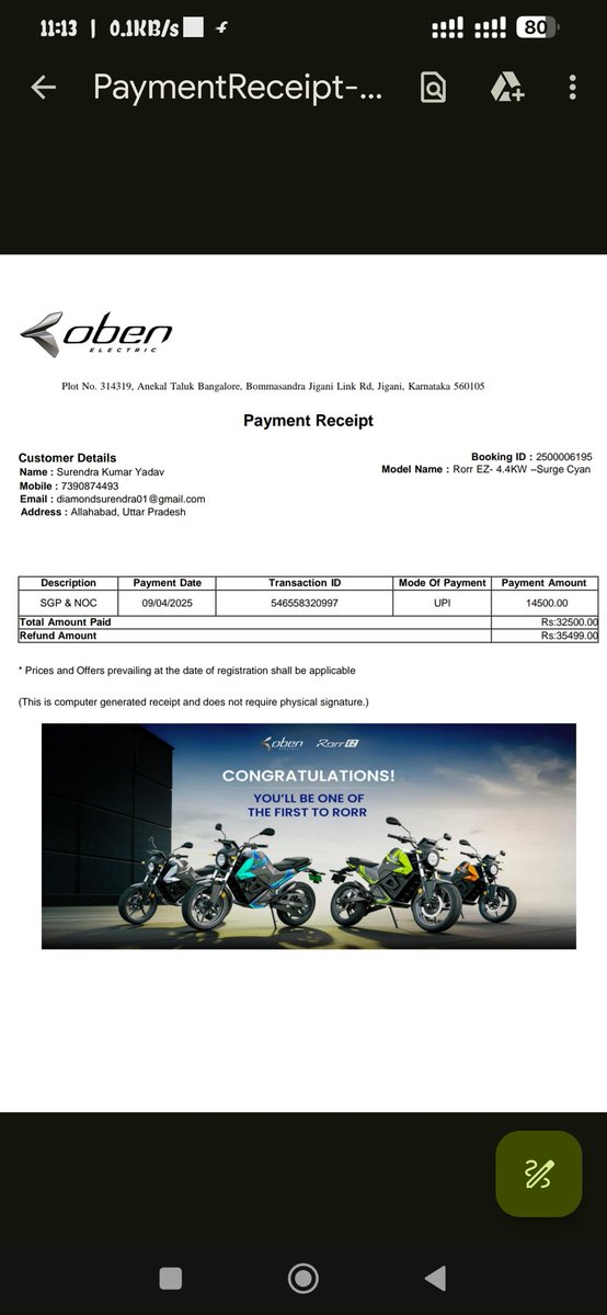 SurendraDiamond's tweet photo. मेरे साथ Oben electric bike के नाम पर फ्रॉड हुआ हमने कंपनी की वेबसाइट पर ऑनलाइन इंटरेस्ट डाला तो कंपनी के द्वारा मुझे एक मैसेज आता है जिसमें बाइक की डिटेल समझते हैं फिर मैं उसे बुक करता हूं और दिन पर दिन पैसे का डिमांड करते जा रहे हैं मैं ऑलरेडी 65000 इन दे चुका हूं https://t.co/0aF8vmeRlQ